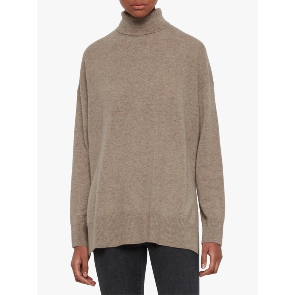 Allsaints Cashmere Gala Roll Neck sweater turtleneck long soft medium oat brown
